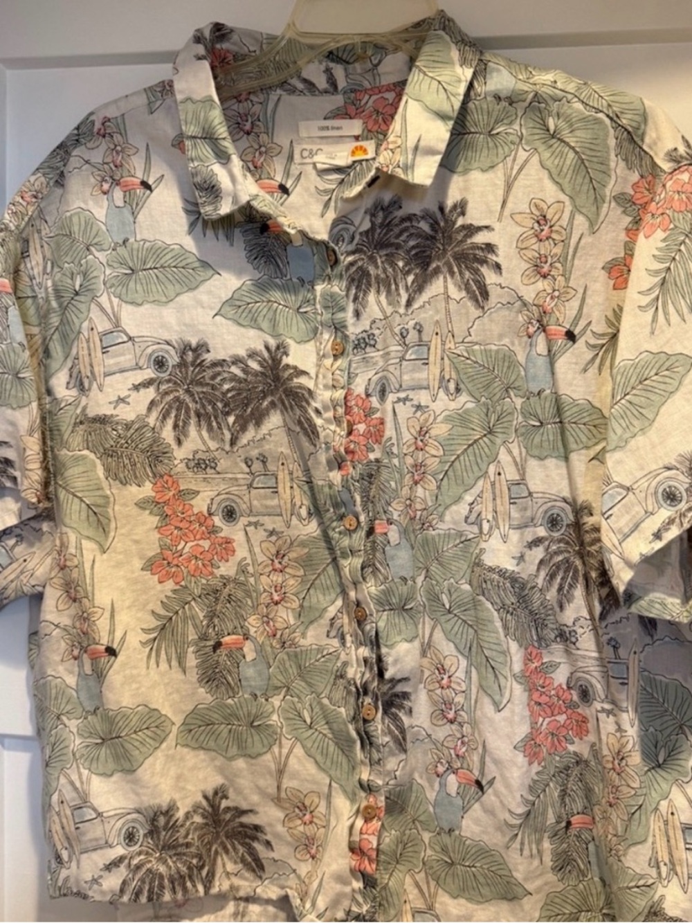C & C California Tropical 100% linen Button-Up Hawaiian style women’s top XL